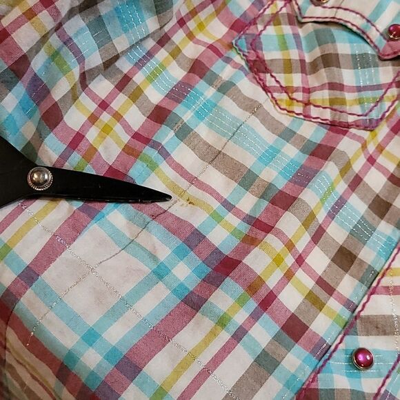 L ARIAT embroidered metallic snap plaid WESTERN RODEO PINK SILVER shirt LARGE - Picture 9 of 15